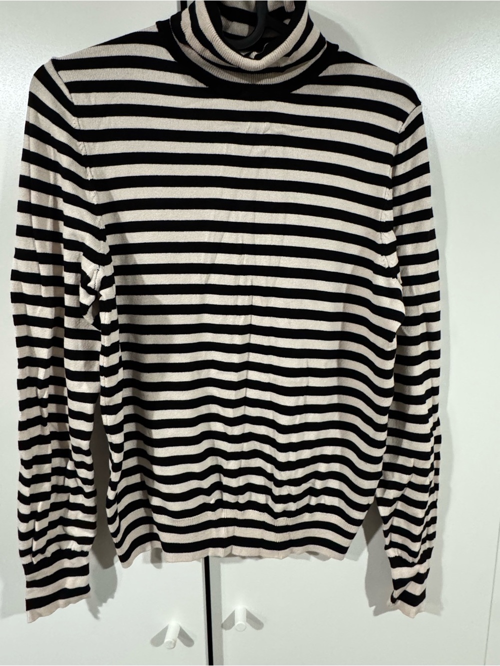 Women Black and Cream Striped Turtleneck Sweater
